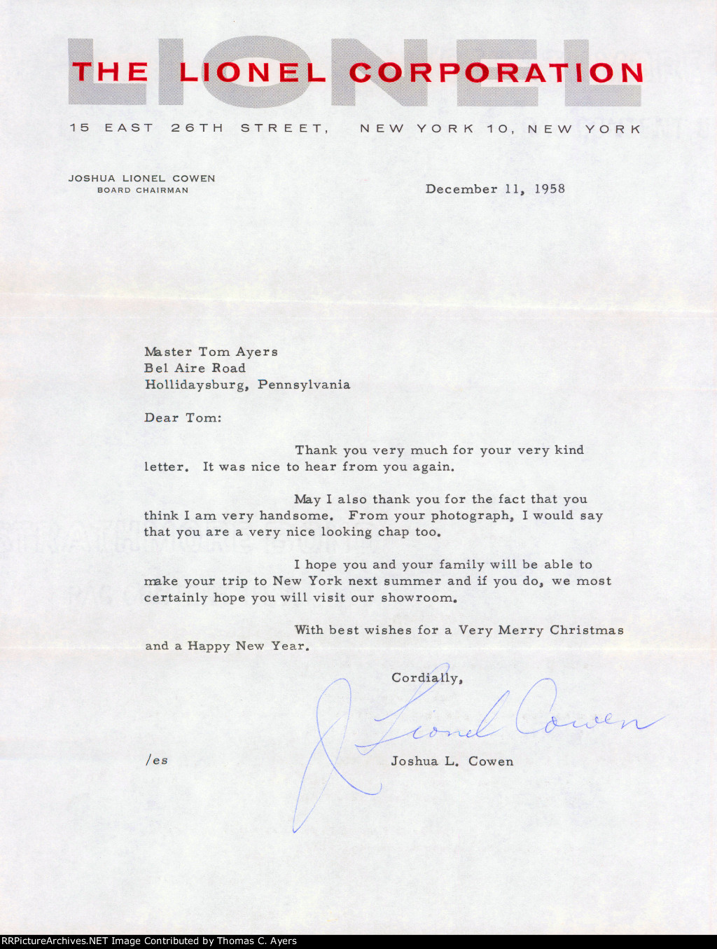 Lionel Letter, 1958